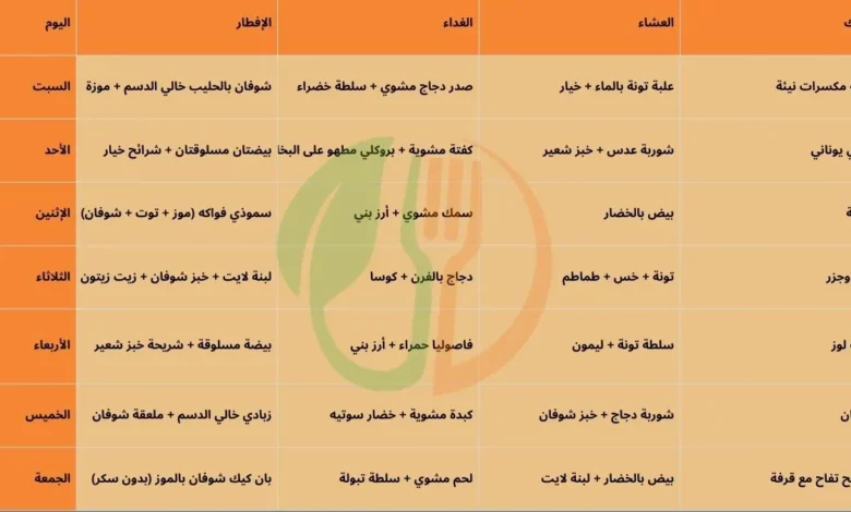 جدول وجبات دايت